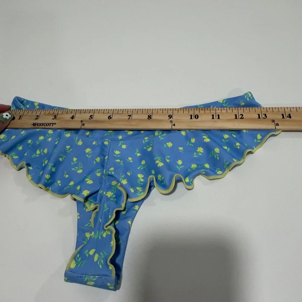 Kulani Kinis Blue Yellow Floral Ruffle Bikini Bottoms Small Floral Print Swim